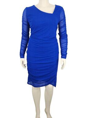 Women's Cato Blue Ruched Mesh Over Liner Bodycon Dress Sexy XL Form Fitted Style